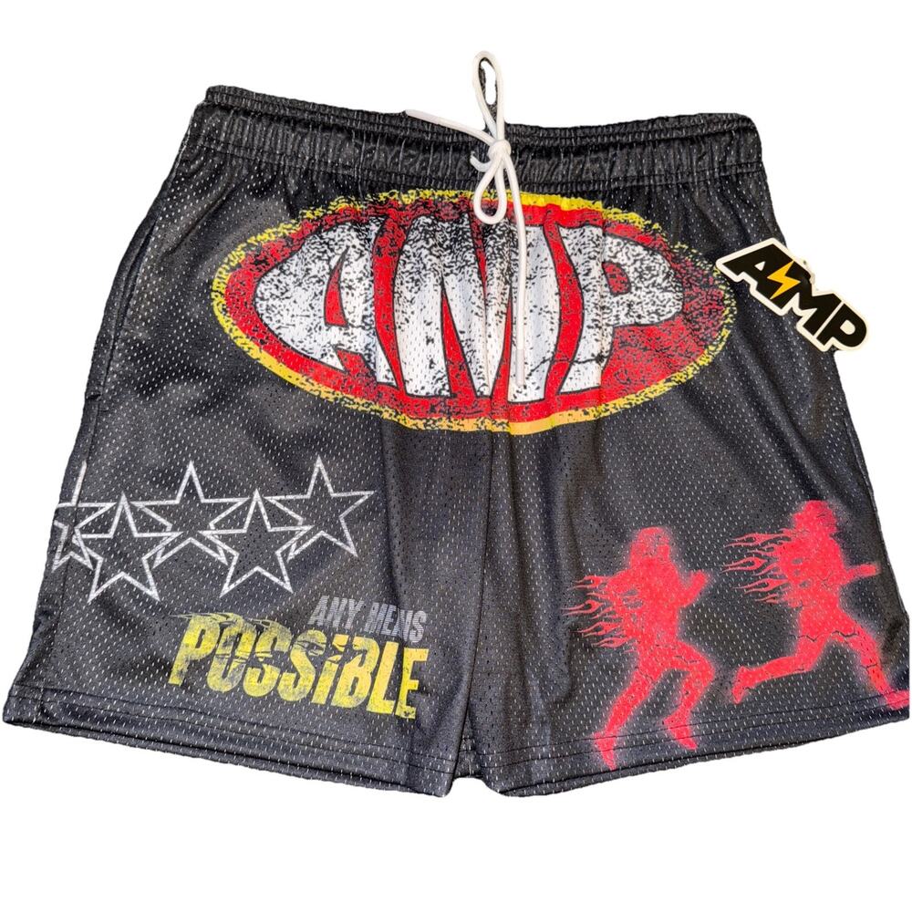 AMP “ANY MEANS POSSIBLE” SZ XL Black Gym Shorts New With Tag Drawstring